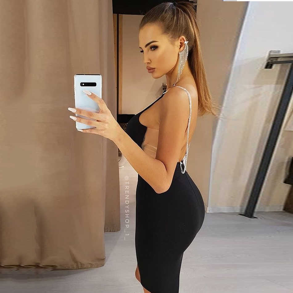 Ladies Dress High Quality Black Sexy Tight-Fitting Square Neckline, Backless Chain Fashion Bandage Party 210527