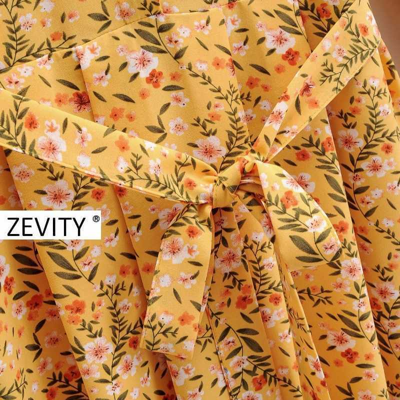 Zevity women vintage floral print casual sashes shirt dress chic office lady long sleeve zipper vestido party dresses DS4166 210603