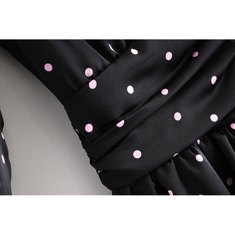 Retro Women Pink Polka Dot Print Black Long sleeve Mini Dress Sexy Pleated Ruched Hollow Out Back Party Dresses 210429