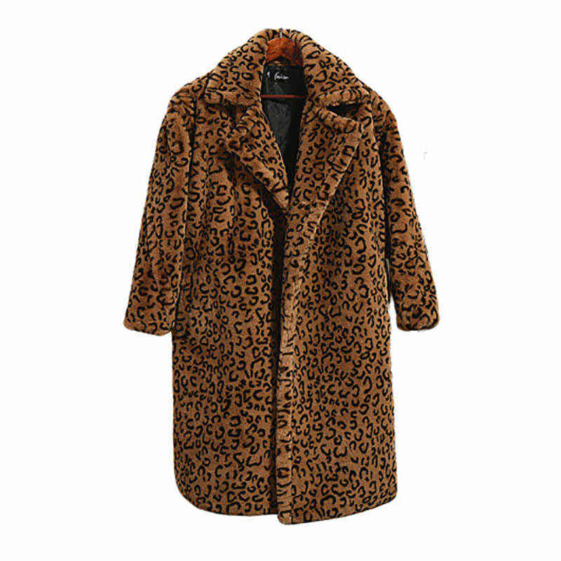 Winter Thick Warm Leopard Long Teddy Fur Coat Women Outerwear High Quality Loose Suit Collar Faux Rabbit Fur Jacket Female 211123