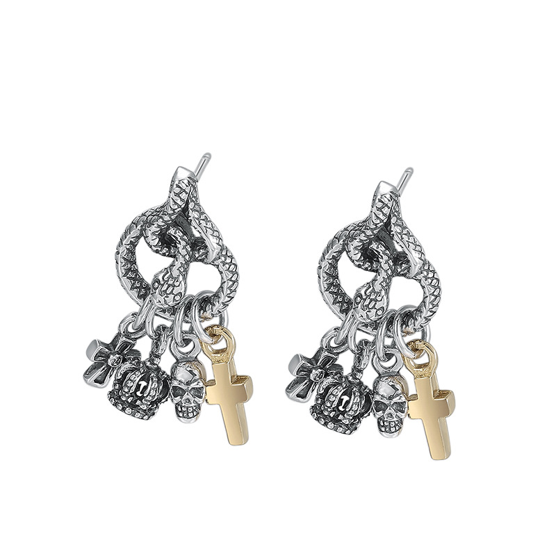 925 sterling silver snake stud earrings handmade cross crown skeleton charms American European punk Gothic designer vintage luxury fine jewelry ear ac