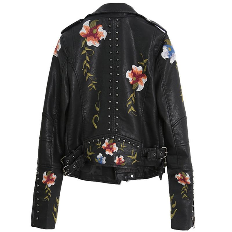 Running Jackets Women Biker Leather Jacket Floral Print Embroidery Faux Coat Turn-down Collar Pu Motorcycle Punk Outerwear