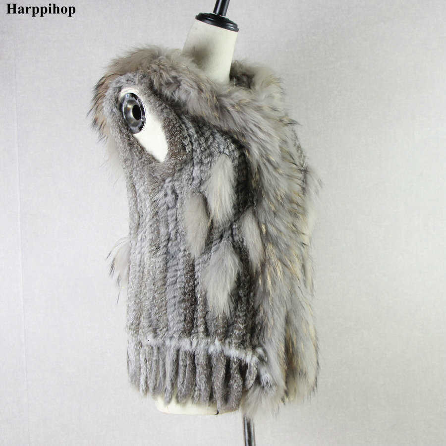 Harppihop fashion rabbit fur vest raccoon trimming knitted vest with hood waist coat gilet T191118