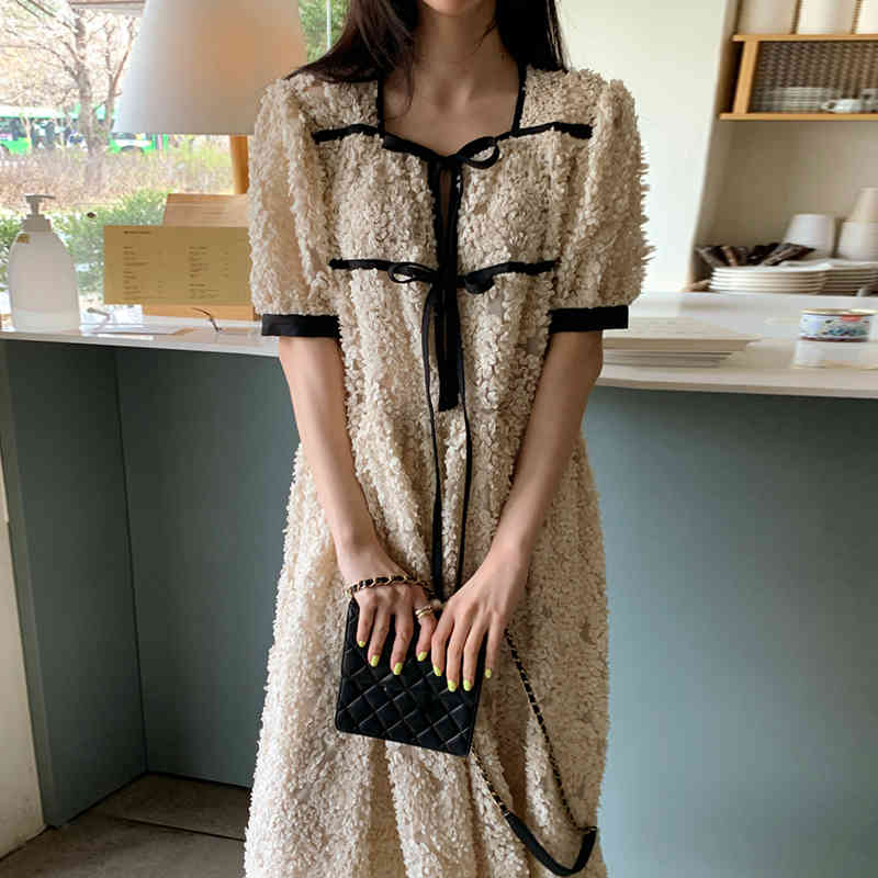 Nomikuma Korean Chic Elegant Woman Dress Rose Jacquard Hit Color Bow Tie Vestidos Femme Puff Sleeve Square Collar Dresses 6H131 210427