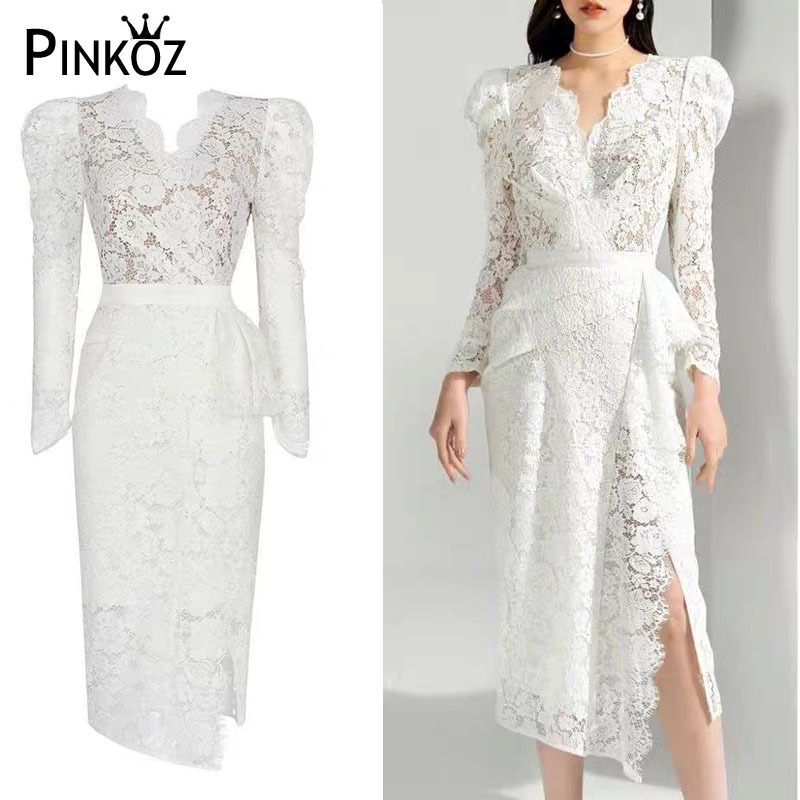 Elegant white Lace Dress For Women Sexy V-Neck Sleeveless High Waist Ruffle split Dresses Summer Chic Lady de fiesta 210421