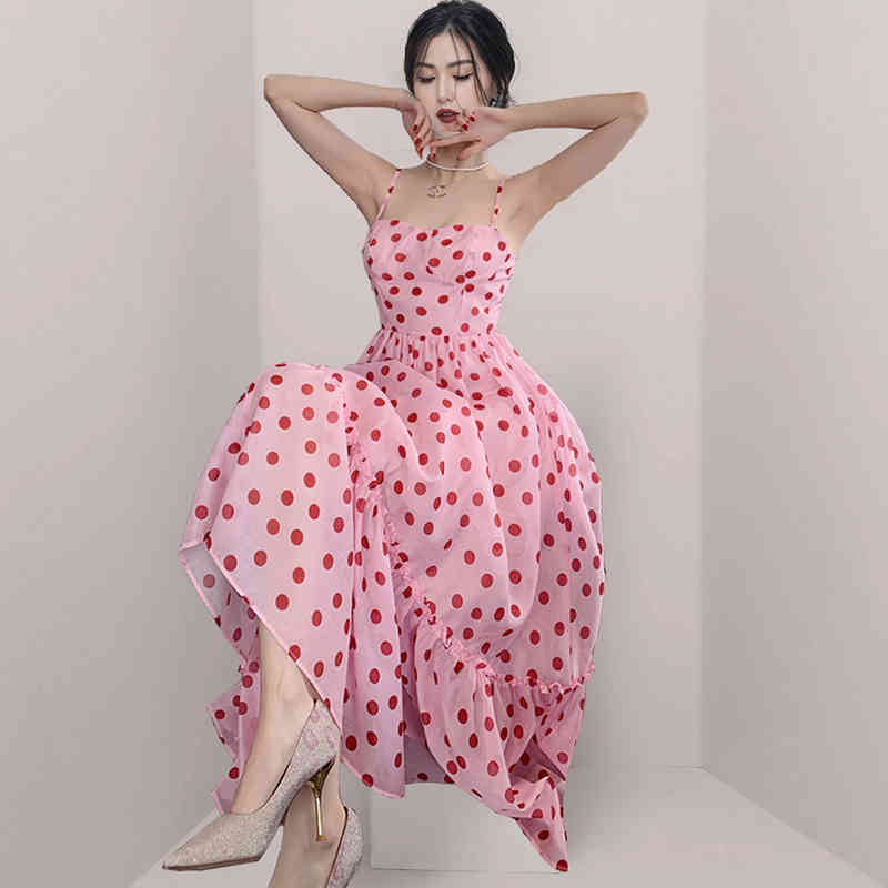 Sexy Summer Sleeveless Sweet Dress Women Strapless High Waist Pleated Polka Dot Sundress Casual Backless Long Vestidos 210520