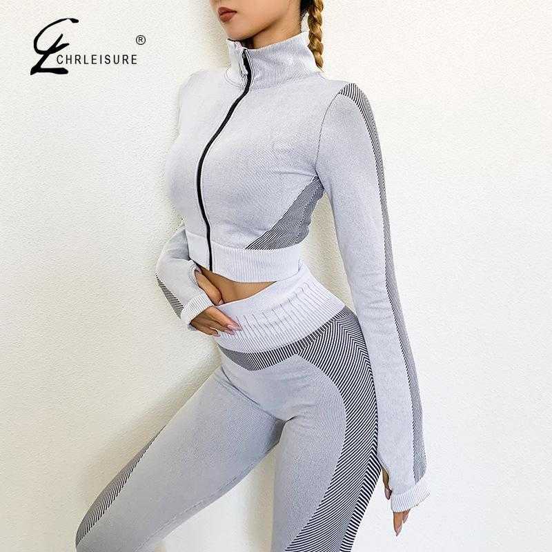 CHRLEISURE Women 2 Piece Set Tracksuits Fitness Long Sleeve Crop Top Solid Workout Leggings Female suit 211007