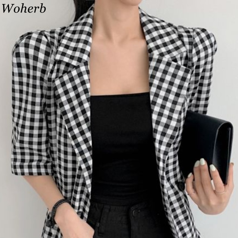 Vintage Plaid Suit Blazer Women Korean Casual Elegant Loose Jacket Fashion Wild Double Breasted Temperament Coat Tops 210519