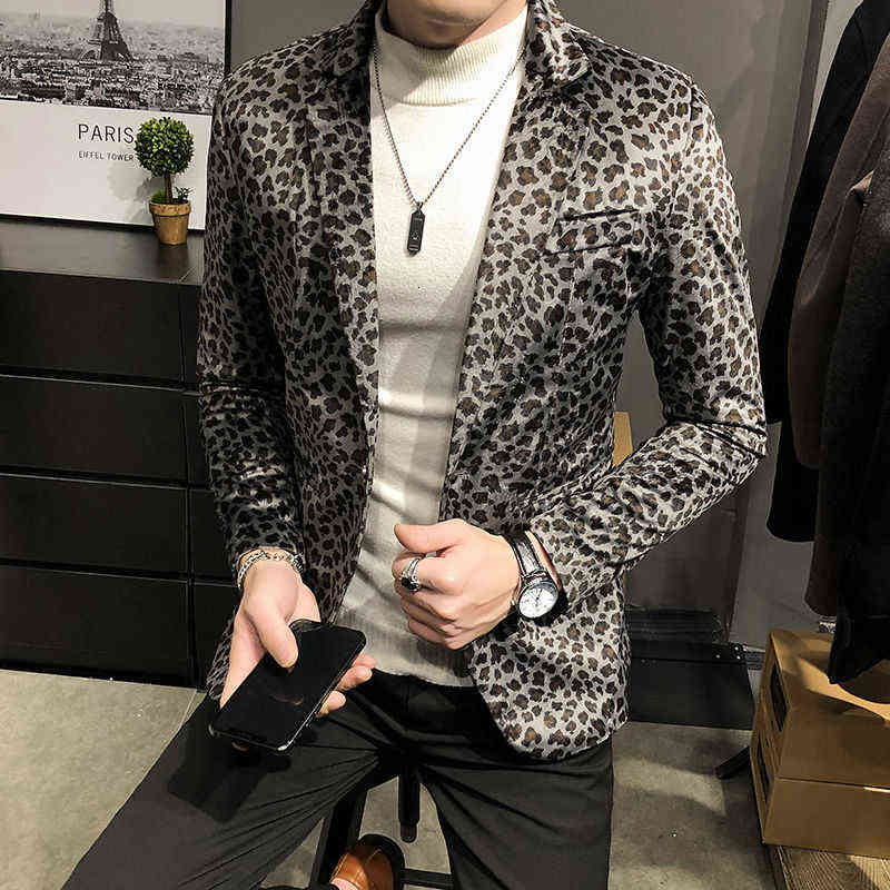 Mens Leopard Blazer Nightclub Prom Party Outfit Stagewear Male Suit Jacket Masculino Slim Fit M-3XL Hombre 211120