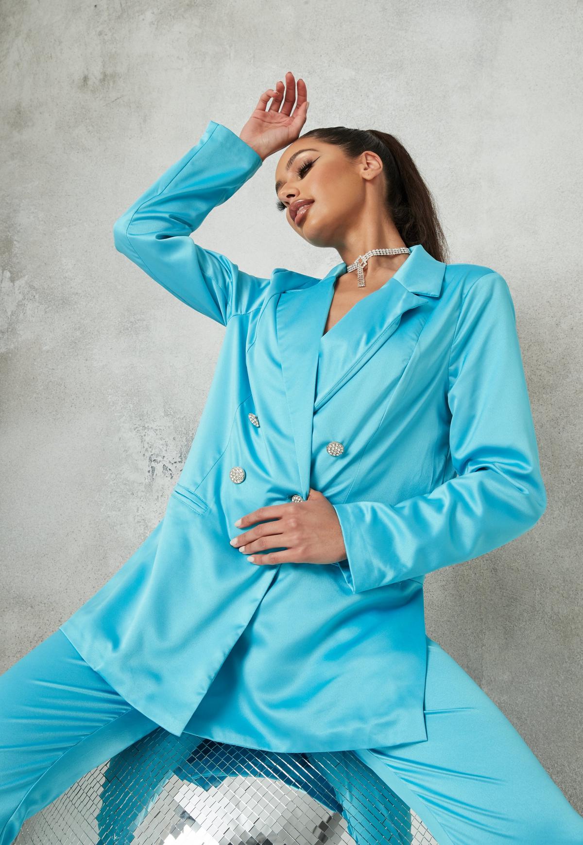 Blue Satin Silk Women Pants Suits Celebrity Red Carpet Double Breasted Blazer Suit Ladies Prom Party Wedding Wear(Jacket+Pants)