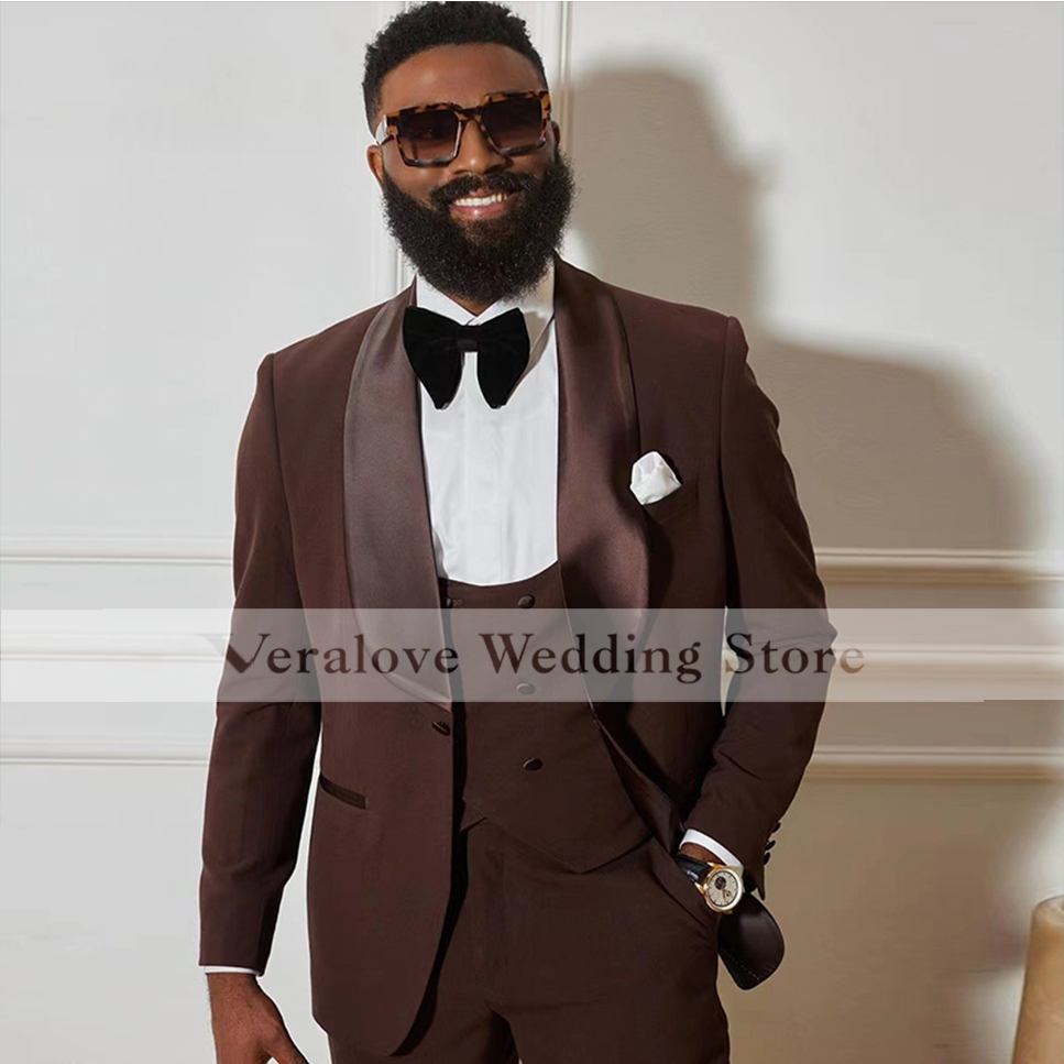 Men Suits 3 Pieces One Button Brown Tailor Groom Tuxedos Slim Fit Blazer Wedding Suits Formal Wear for Mens