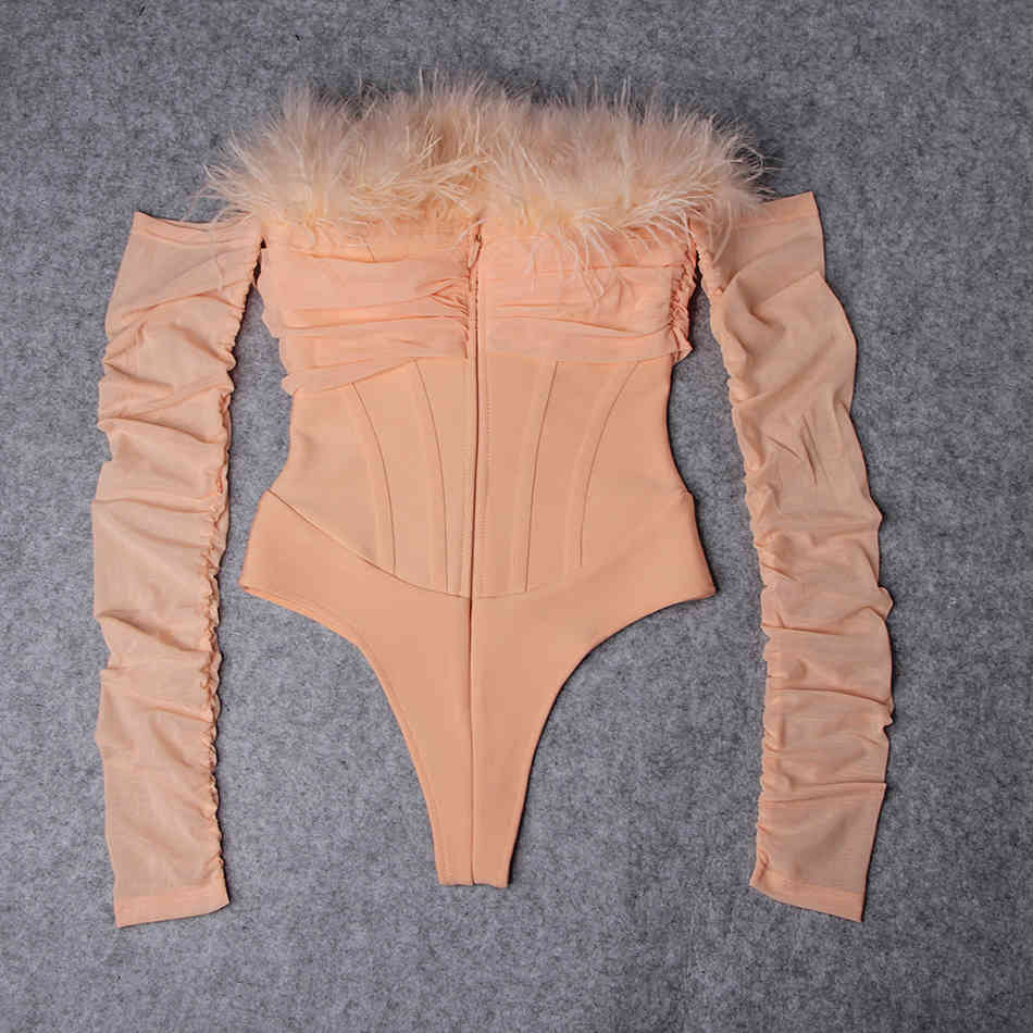 Free Fashion Bandage Bodysuit Feathers Strapless Off Shoulder Spring Long Sleeve Blush Women's 210524