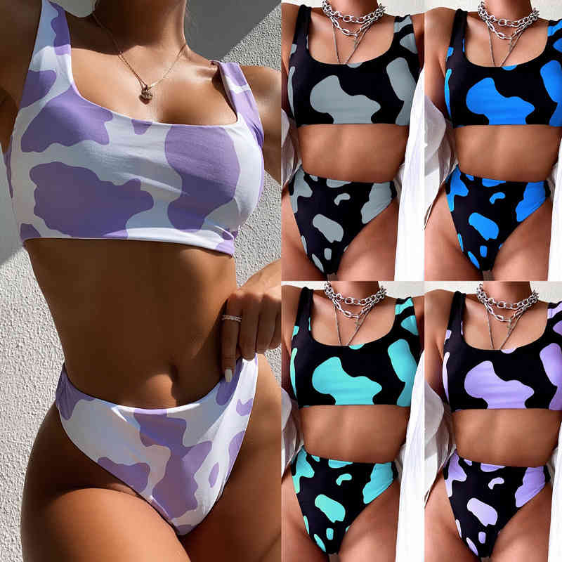 New Cow Print High Waist Bikinis Swimwear Women High Leg Bikini Set Swimsuits Spring Summer Female Swimming Suit Beachwear 210323