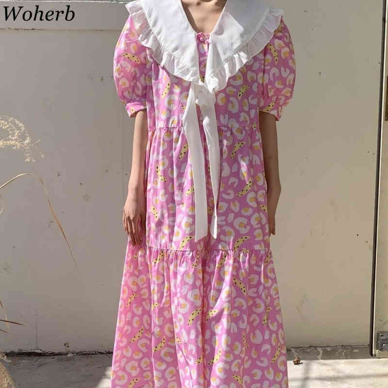 Women Floral Print Dress Korean Fashion Chic Puff Short Sleeve Tie Turn Down Collar Dresses Ladies Elegant Cute Robe 210519