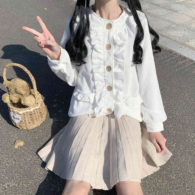 Nomikuma Japan Style Sweet Women Coat Korean Ruffle Patchwork Single Breasted Jacket Autumn Winter Thicken Outerwear 6D323 210427