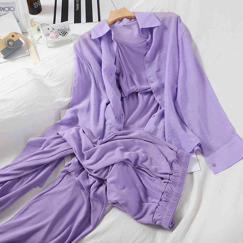 Purple Sets Chiffon Shirts &Camisole And Long Pants For Women Three-Piece Casual Versatile Female Outfits 210518
Purple Sets Chiffon Shirts &Camisole And Long Pants For Women Three-Piece Casual Versatile Female Outfits 210518