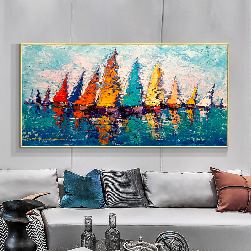 Modern Sailboat Colorful Oil Painting Printed on Canvas Big Size Nordic Wall Picture for Living Room Landscape Canvas Painting