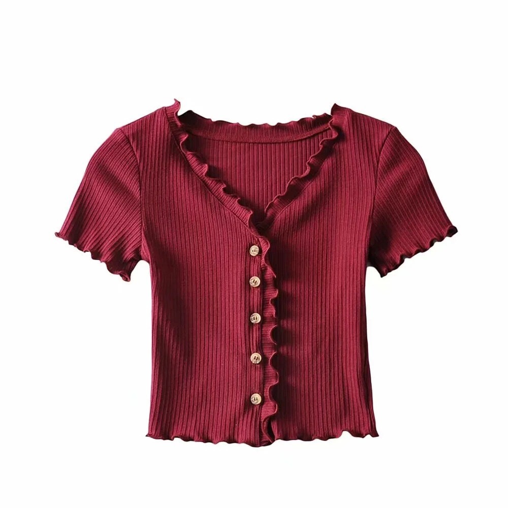70's Vintage Rib Knit Wood ears V neck Short Sleeve Tee Base T-shirts Summer Single-breasted Button T-shirt crop top 210429