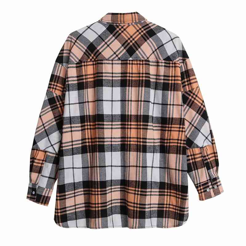 Streetwear Women Plaid Shirts Fashion Ladies Turn Down Collar Tops Causal Female Chic Pocket Cotton 100% Blouses 210430