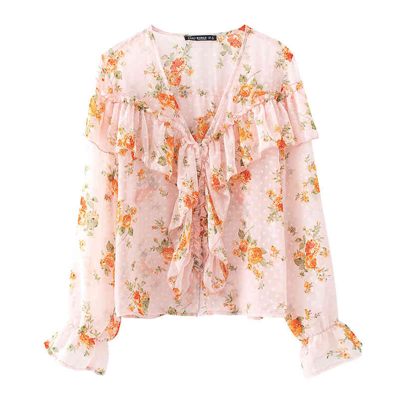 Women Ruffled Floral Transparent Chiffon Blouse Thin Long Sleeve V-neck Chic Shirts Female Summer Top High Street Femme Vestiods 210521