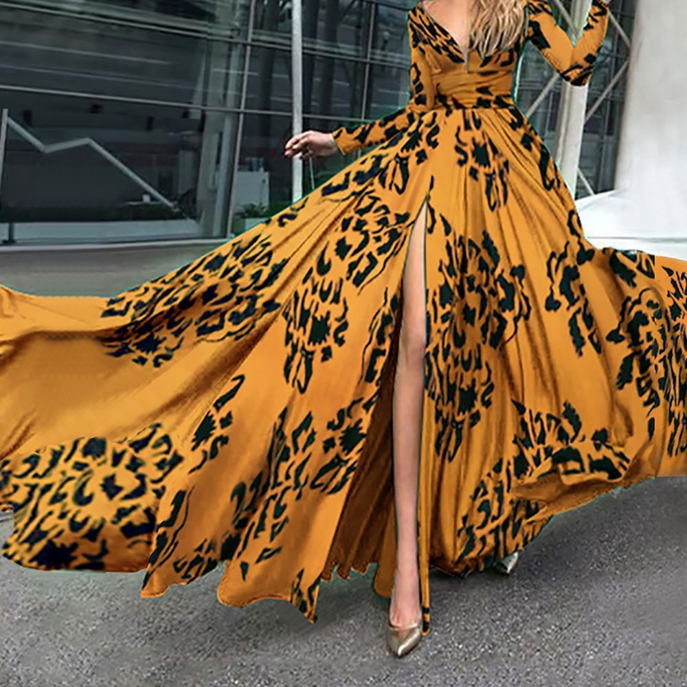 Women Dress V-neck Split Long Sleeve Vintage Sexy Dresses Plus Size Summer Clothes Fashion 210524