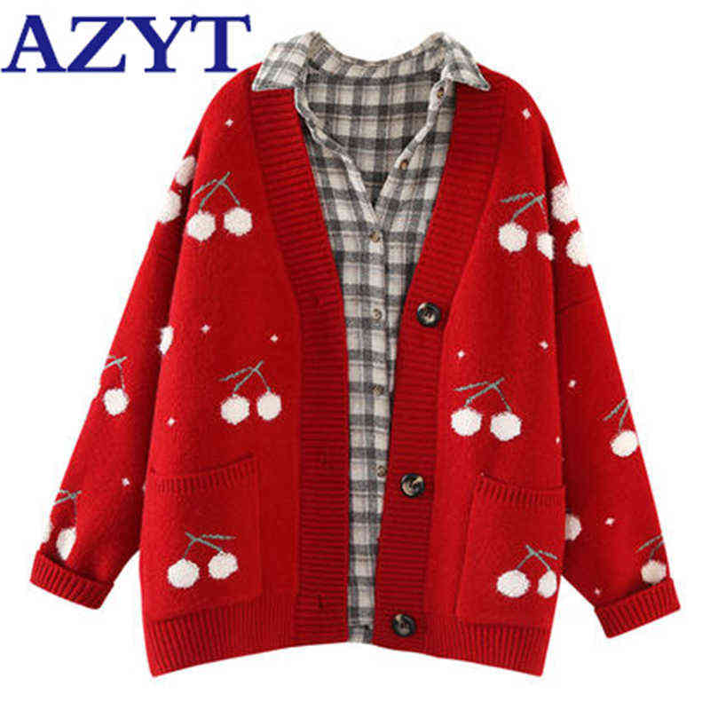 AZYT Fruit Cherry Embroidery Knitted Cardigan Autumn Winter V Neck Oversize Woman Sweater Cardigan Jacket Warm Knitwear 211117