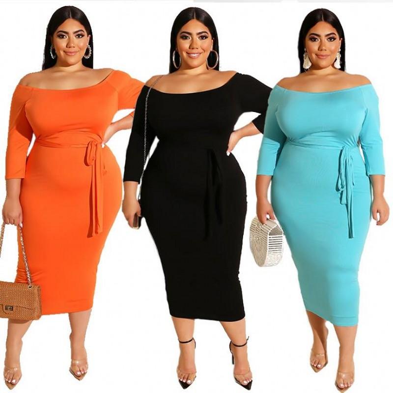 Casual Dresses Summer Fall Solid Plus Size Women Dress Slash Neck Long Sleeves Stretchy Mid Calf Bodycon For Party Nightclub