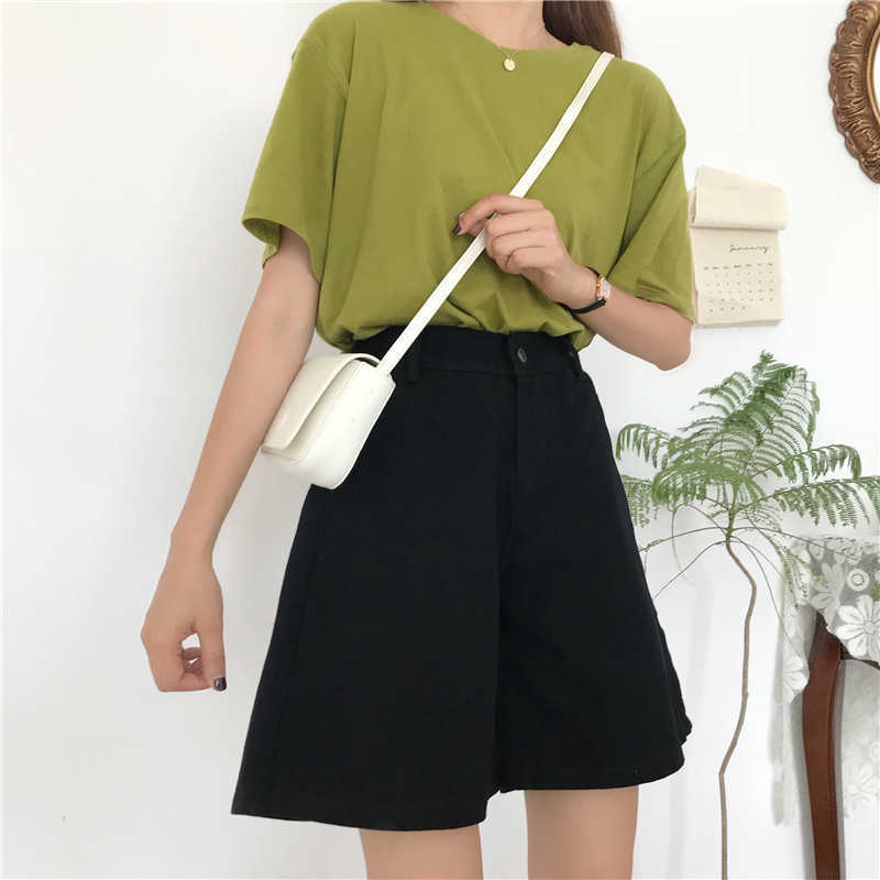 Korean casual women loose straight solid color Knee Length high waist large size short men fashion Vintage Wide Leg Pants 210608