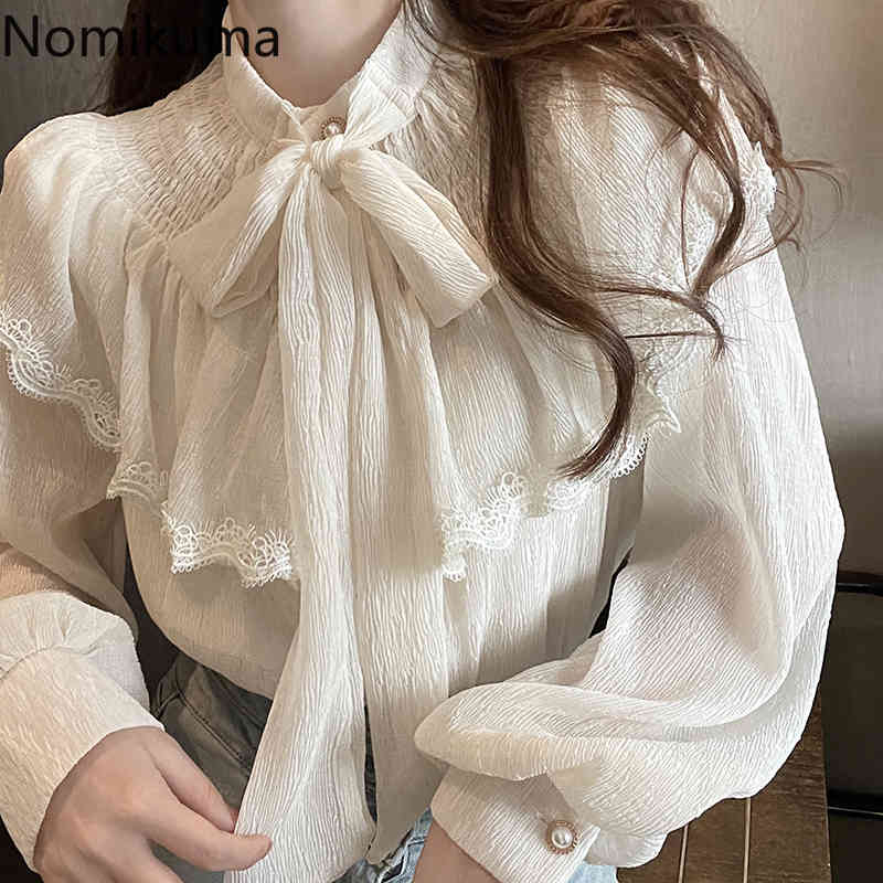 Nomikuma Spring Elegant Pleated Blouse Shirt Korean Bow Tie Stand Neck Ruffle Blouse Causal Pullover Blusas Top New 6E482 210427