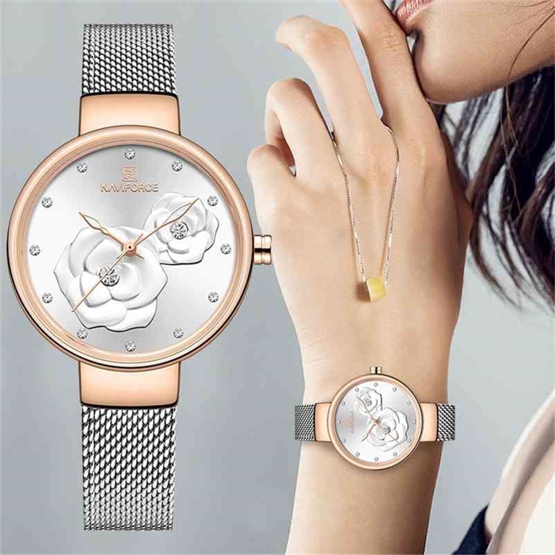 Women Watch NAVIFORCE Top Luxury Brand Steel Mesh Waterproof Ladies Watches Flower Quartz Female Wristwatch Charming Girl Clock 210720, Silver gold white 
Women Watch NAVIFORCE Top Luxury Brand Steel Mesh Waterproof Ladies Watches Flower Quartz Female Wristwatch Charming Girl Clock 210720, Silver gold white