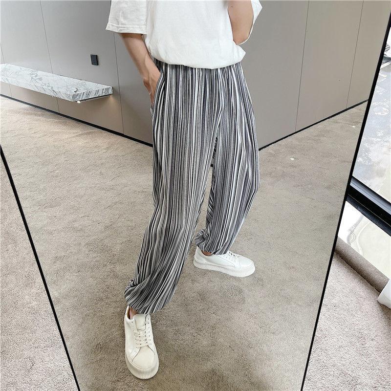 IEFB Men's Striped Casual Pants Korean Loose And Fashionable Baggy Pants Wide Leg Pants Elastic Waist Causal Summer Trousers 210524