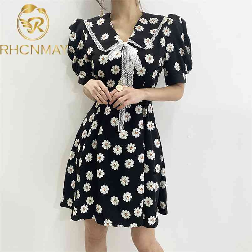 Korea Women's Lace Bow Peter Pan Collar Dress Ladies Small Daisy Printed Dresses Summer Girl Student Vestidos Women Clothes 210506