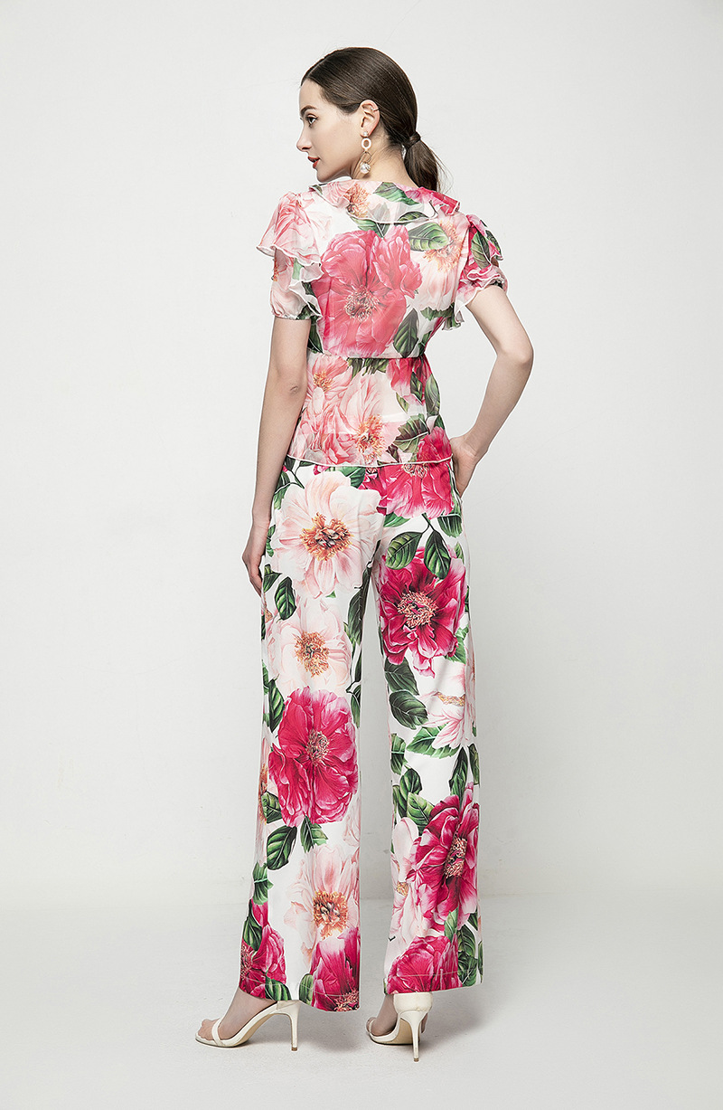 Women's Two Piece Pants Sets Turn Down Collar Short Sleeves Ruffles Blouse Tops with Floral Long Pant Fashion Runway Twinsets