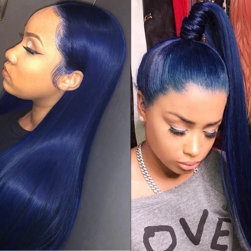 Free shipping Dark Blue Color Synthetic Lace Front Wig 180% Density Long Straight Wigs Pre Plucked For Black/White Women Daily Cosplay Party