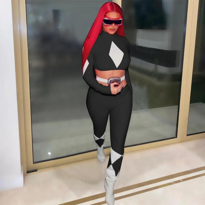 Women Fashion Sexy Locomotive Style Sets Long Sleeve High Collar Top Elastic Pants Two Piece Women's Tracksuits