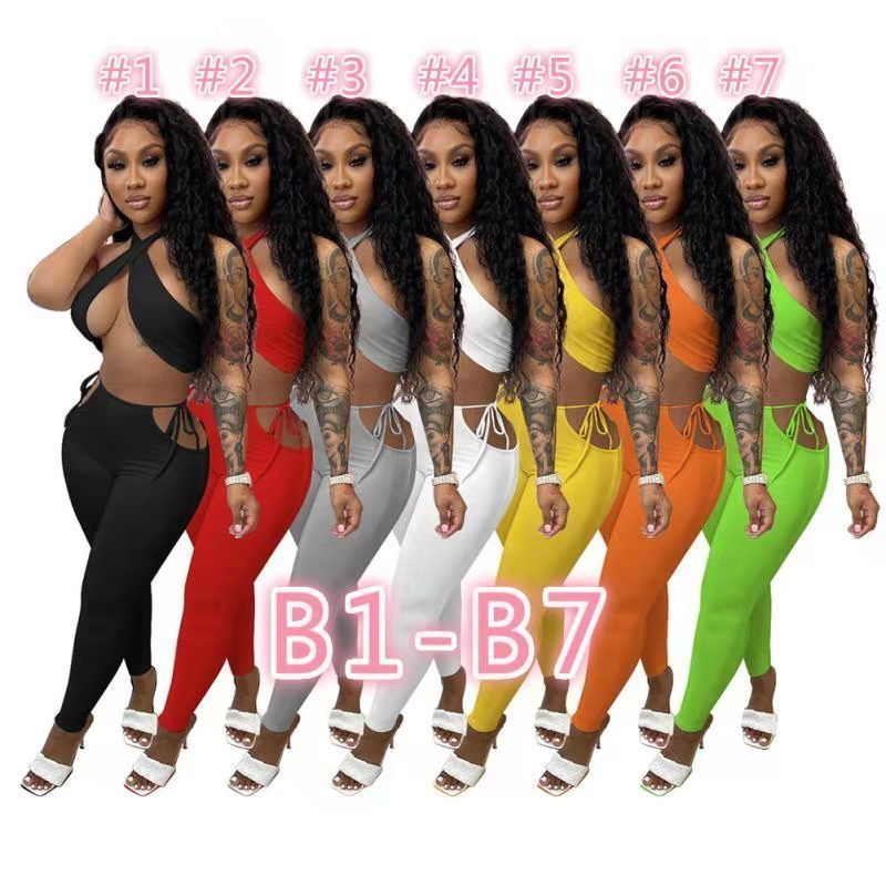 Designer 2023 Women Two piece pants Designer Clothes Slim Tracksuits Solid Colour Halter Casual Fashion Suit Outfits