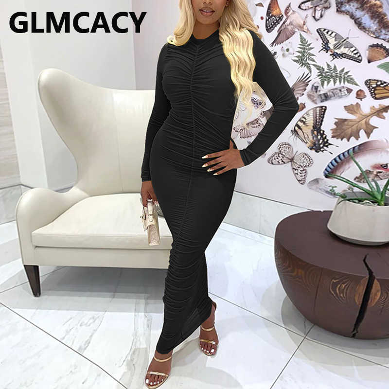 Women Long Sleeve Pleated Bodycon Maxi Dress Sexy Slim Fit Dresses 210702