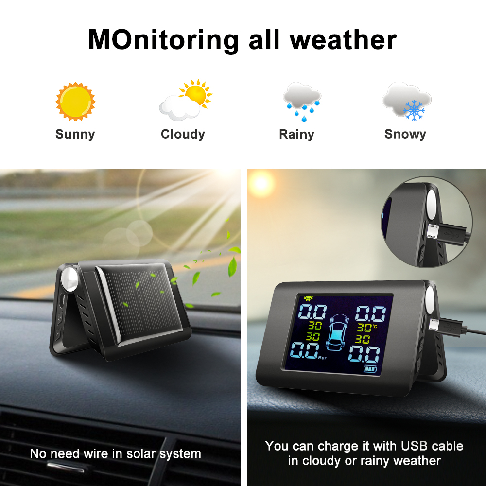 TPMS Solar Power Tyre Monitoring with LCD Real-time Display Car Tire Pressure Auto 4 Sensors Alarm System