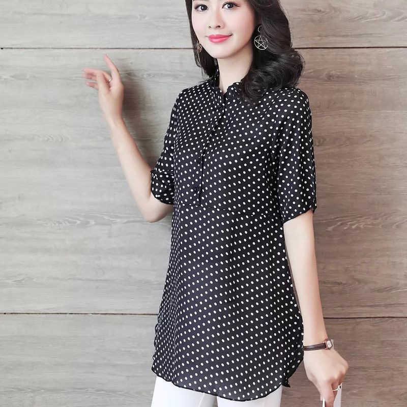 Women Spring Summer Style Blouses Shirts Lady Casual Stand Collar Short Sleeve Polka Dot Printed blusas Tops DF3733 210609, Black
Women Spring Summer Style Blouses Shirts Lady Casual Stand Collar Short Sleeve Polka Dot Printed blusas Tops DF3733 210609, Black