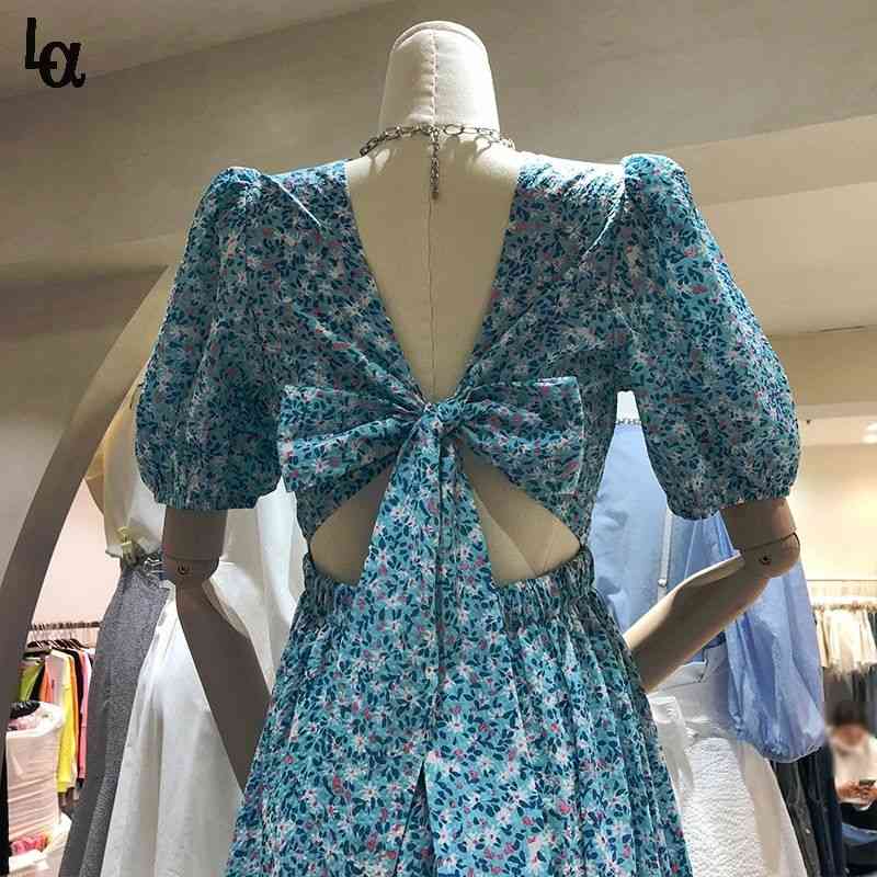 Summer Women Long Fashion Backless with Bow Floral Chiffon Short Puff Sleeve Maxi Dress Elegant Beach 210519, Blue
Summer Women Long Fashion Backless with Bow Floral Chiffon Short Puff Sleeve Maxi Dress Elegant Beach 210519, Blue