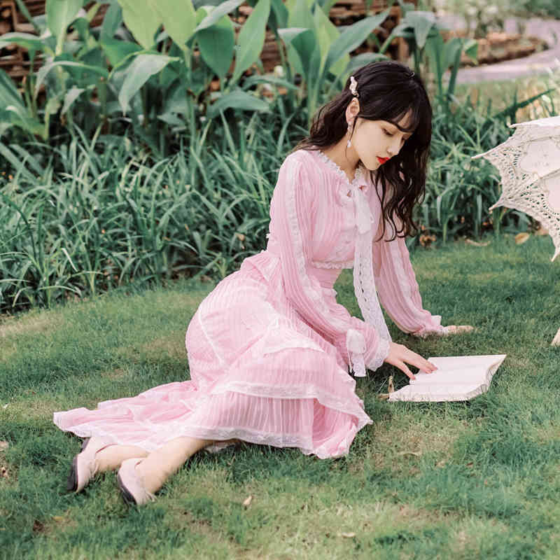 Fashion Autumn Patchwork Pink Women Dress Ladies Flare Sleeve Bow Collar High Waist Layer Cake Ruffles Midi Dress 210515