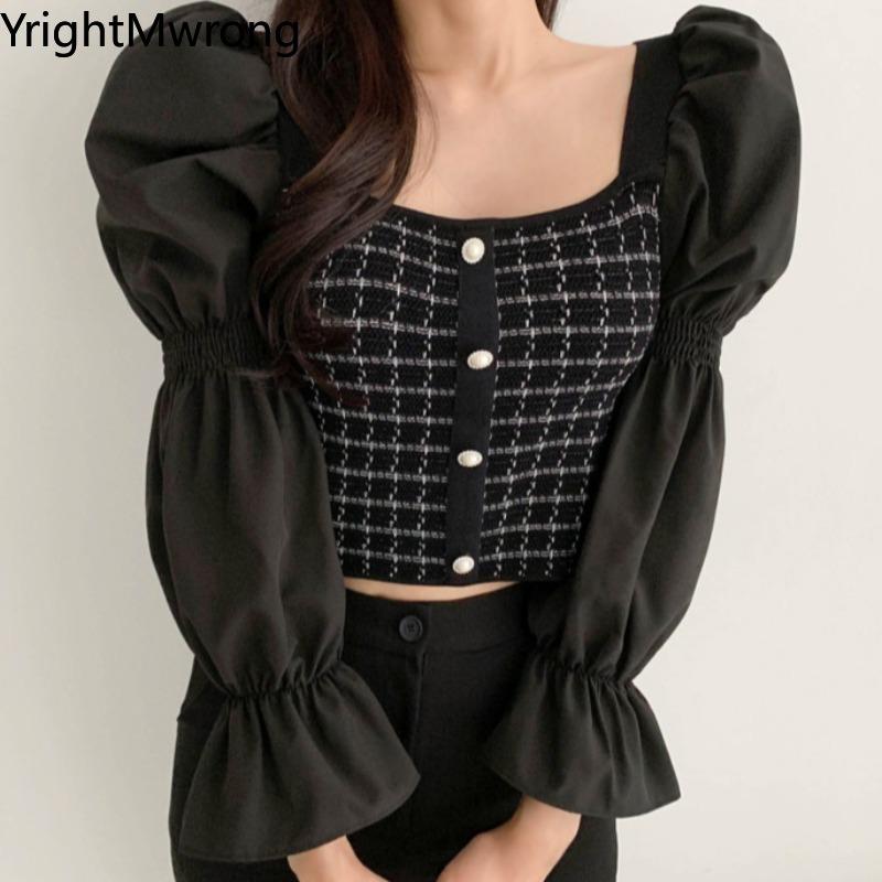 Women's Blouses & Shirts Patchwork Knit Plaid Long Sleeve Square Neck Pearls Button Crop Top Short Shirt Ladies Elegant Sexy Blouse Fall Cro, White
Women's Blouses & Shirts Patchwork Knit Plaid Long Sleeve Square Neck Pearls Button Crop Top Short Shirt Ladies Elegant Sexy Blouse Fall Cro, White