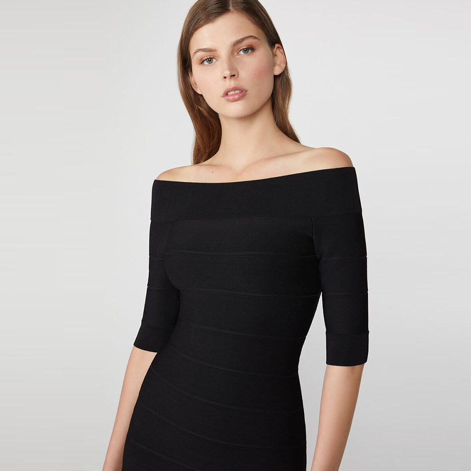 Summer Women Black Off Shoulder Rayon Bandage Club Dress Sexy Half Sleeve Celebrity Evening Runway Party Dresses 210423