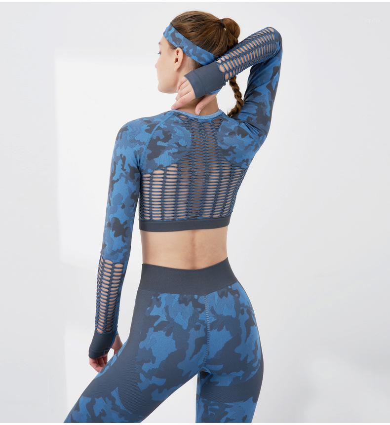 Yoga Outfit Seamless Set Camouflage Sexy Hollow Fast Dry Clothes Breathable Sportswear Long-sleeved Open Umbilical Fitness Suit Women, Blue grey
Yoga Outfit Seamless Set Camouflage Sexy Hollow Fast Dry Clothes Breathable Sportswear Long-sleeved Open Umbilical Fitness Suit Women, Blue grey