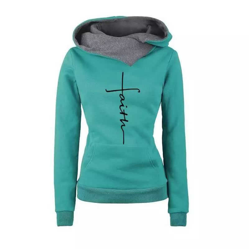 Autumn Winter Hoodies Sweatshirts Women Faith Embroidered Sweatshirt Long Sleeve Pullovers Christmas Casual Warm Hooded Tops 210927