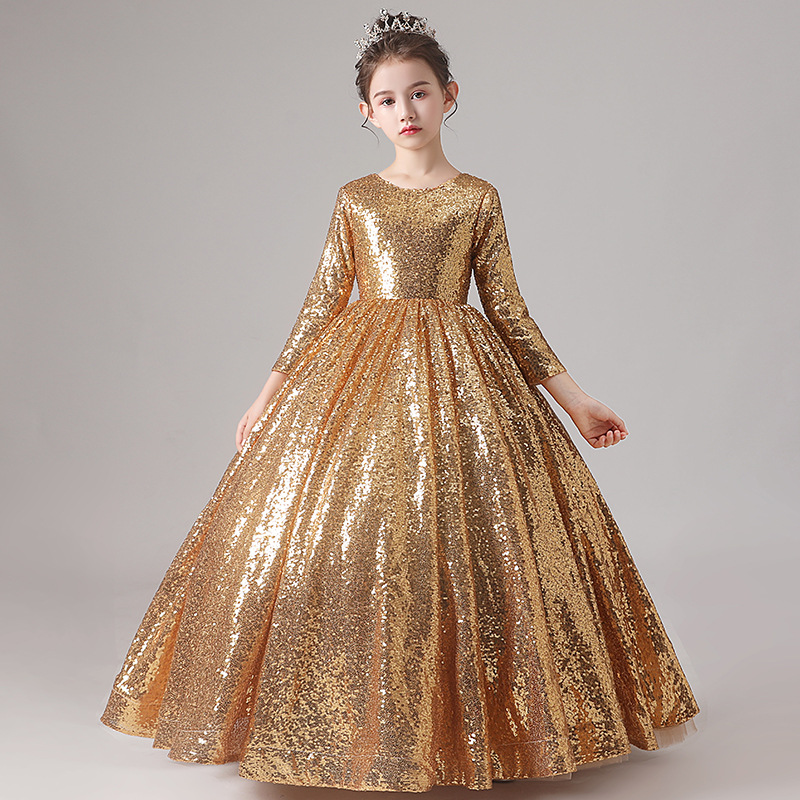 Sequined Pageant Fluffy Off The Shoulder Ruched Gold Bling Flower Girl Ball Gowns Party Dresses For Girls 403