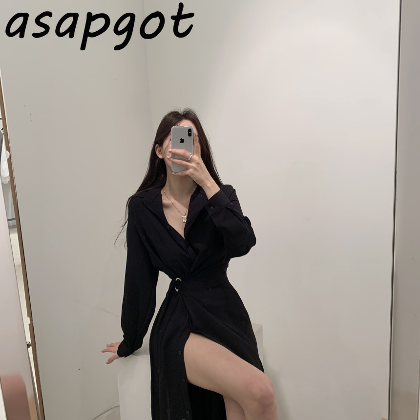 Temperament Elegant Chic Turn Down Collar Lace Up Waist Long Sleeve Shirts Dress Women Plus Size One Pieces Vestidos De Mujer 210429