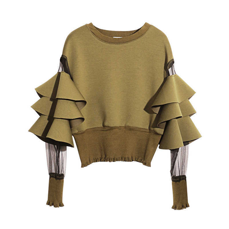 [EAM] Spring Round Neck Long Sleeve Solid Color Gauze Split Joint Loose Sweatshirt Women Fashion JC509 210910