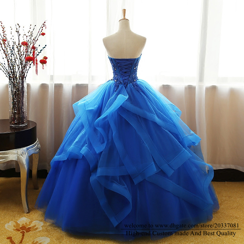 Quinceanera Dresses 2021 Sexy Appliques Crystal Royal Blue Party Prom Formal Lace Up Princess Ball Gown Tulle Vestidos De 15 Anos Q37