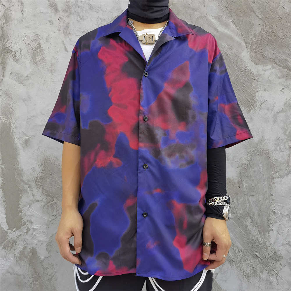 Men Shirts Hawaiian Beach Holiday Harajuku Short Sleeve Casual Shirt Vintage Tie-dye Blue Oversized Summer Top Shirt 210601